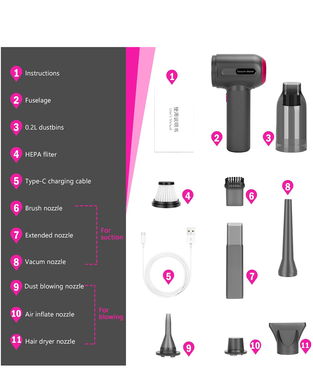 Mini aspiradora portátil inalámbrica recargable, aspiradora de mano inalámbrica y soplador
