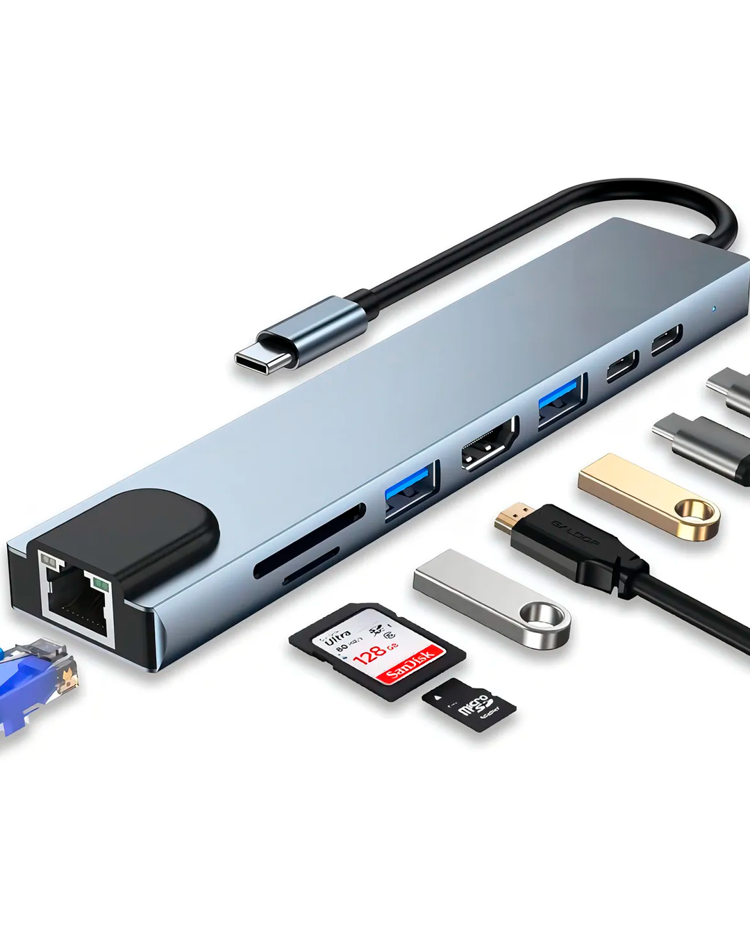 Adaptador Tipo C Con 8 Puertos / Tipo C Sd Micro Sd Usb Hdmi