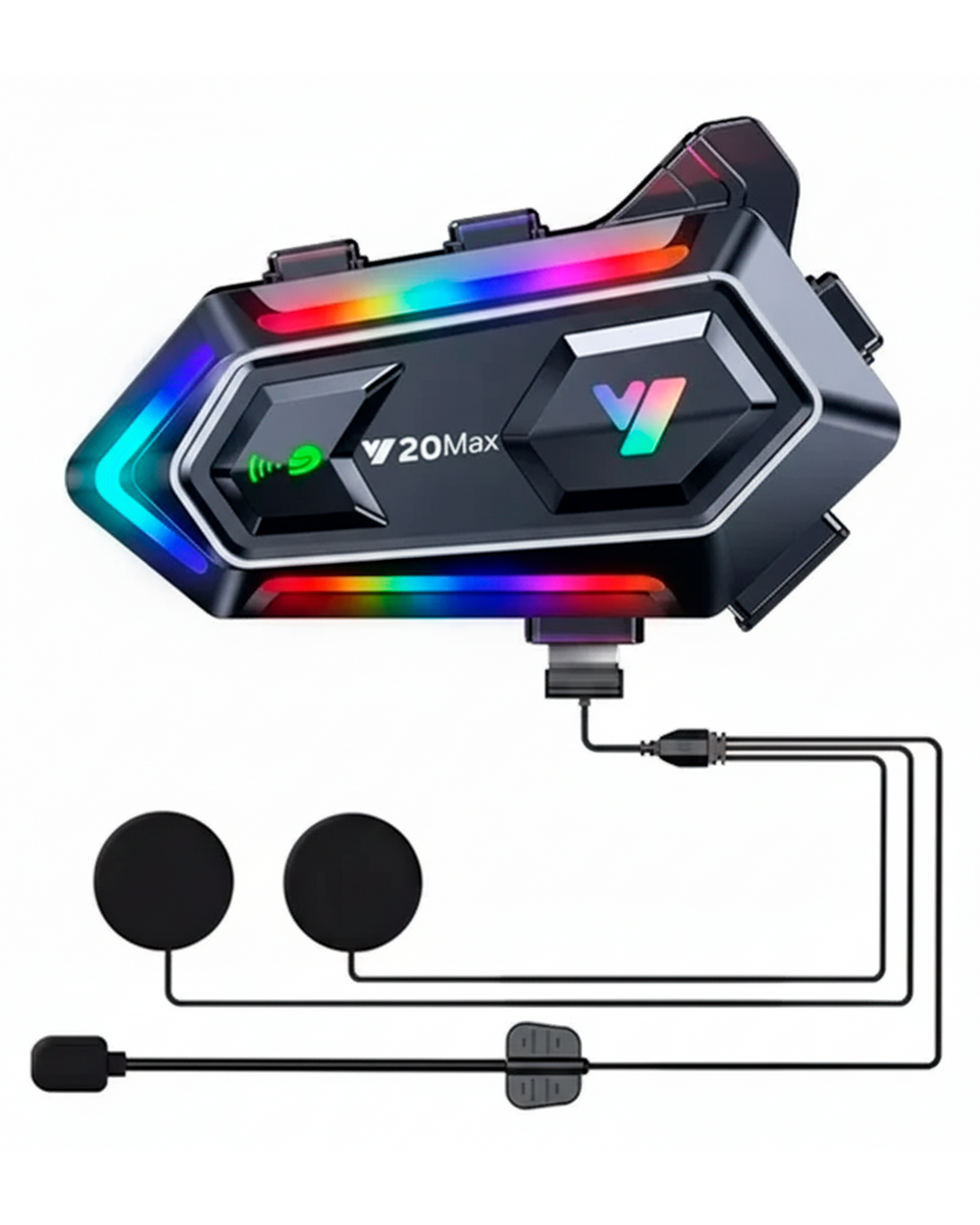 Intercomunicador Bluetooth Y20 Max para Casco – Con Luces LED RGB, Micrófono, Altavoces y Conexión Type-C