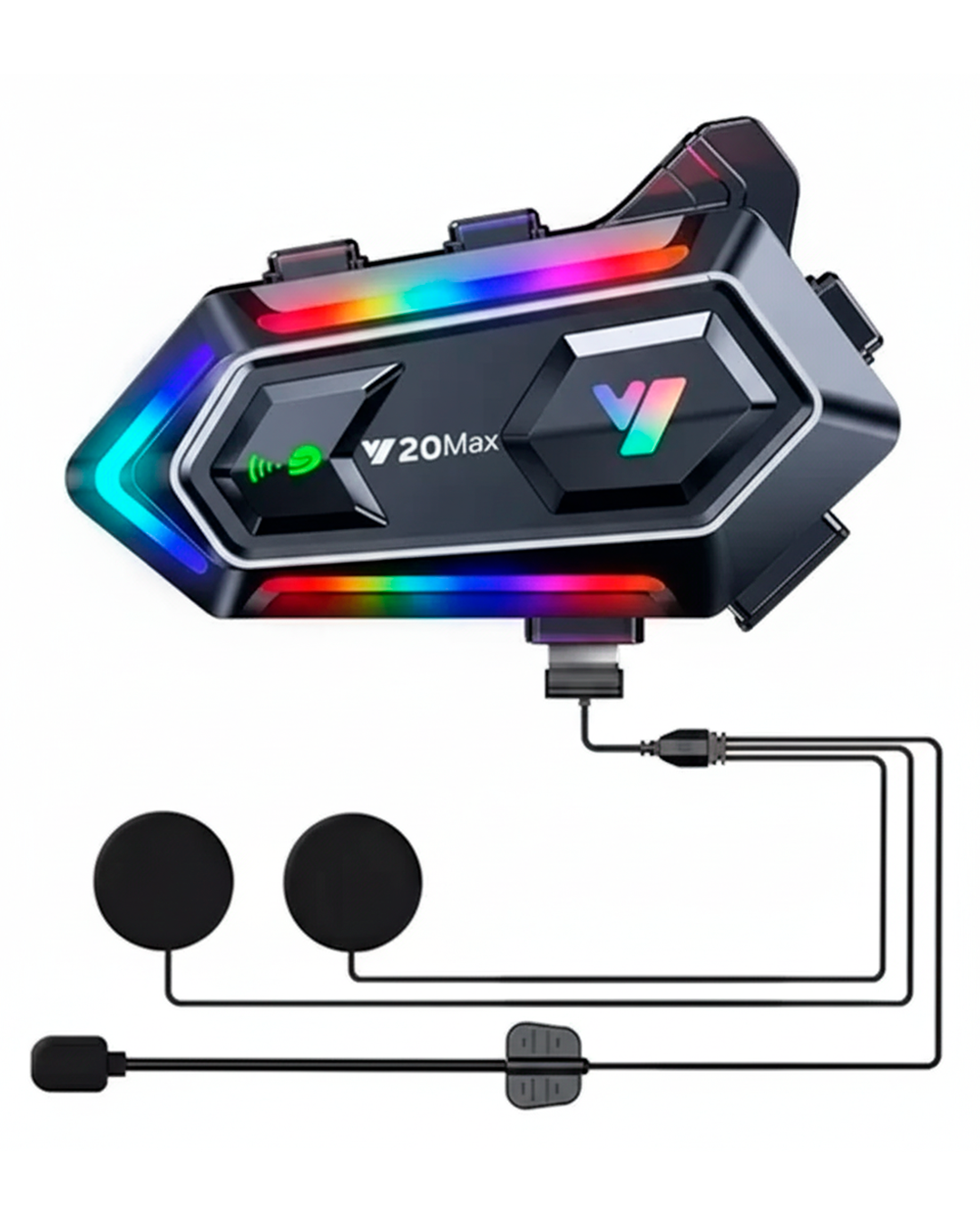 Intercomunicador Bluetooth Y20 Max para Casco – Con Luces LED RGB, Micrófono, Altavoces y Conexión Type-C