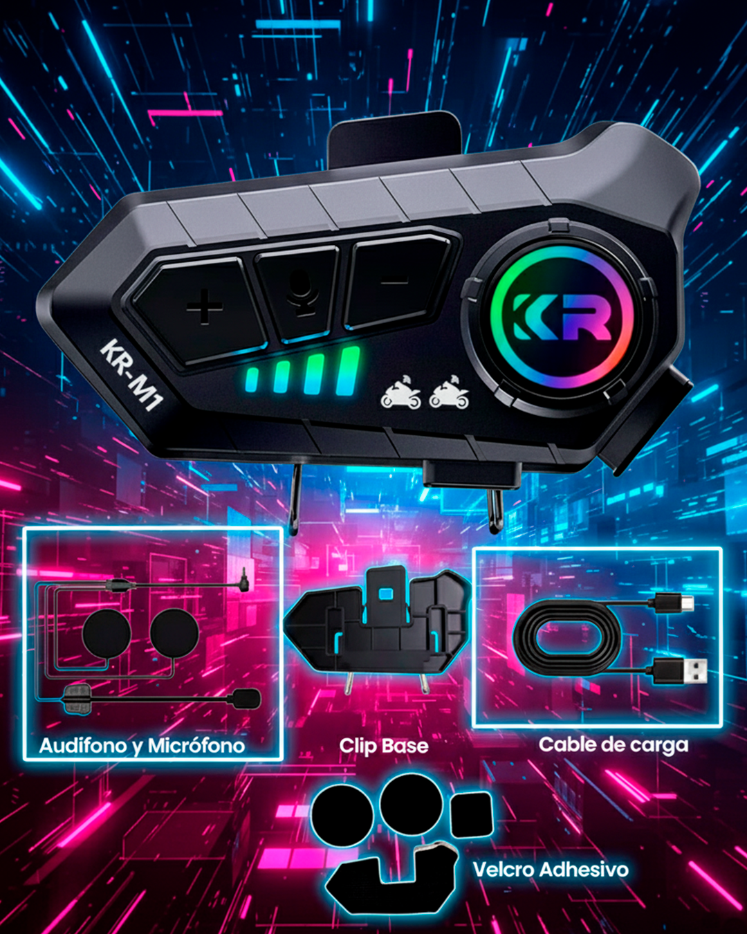 Intercomunicador Bluetooth Y20 Max para Casco – Con Luces LED RGB, Micrófono, Altavoces y Conexión Type-C (Copia)