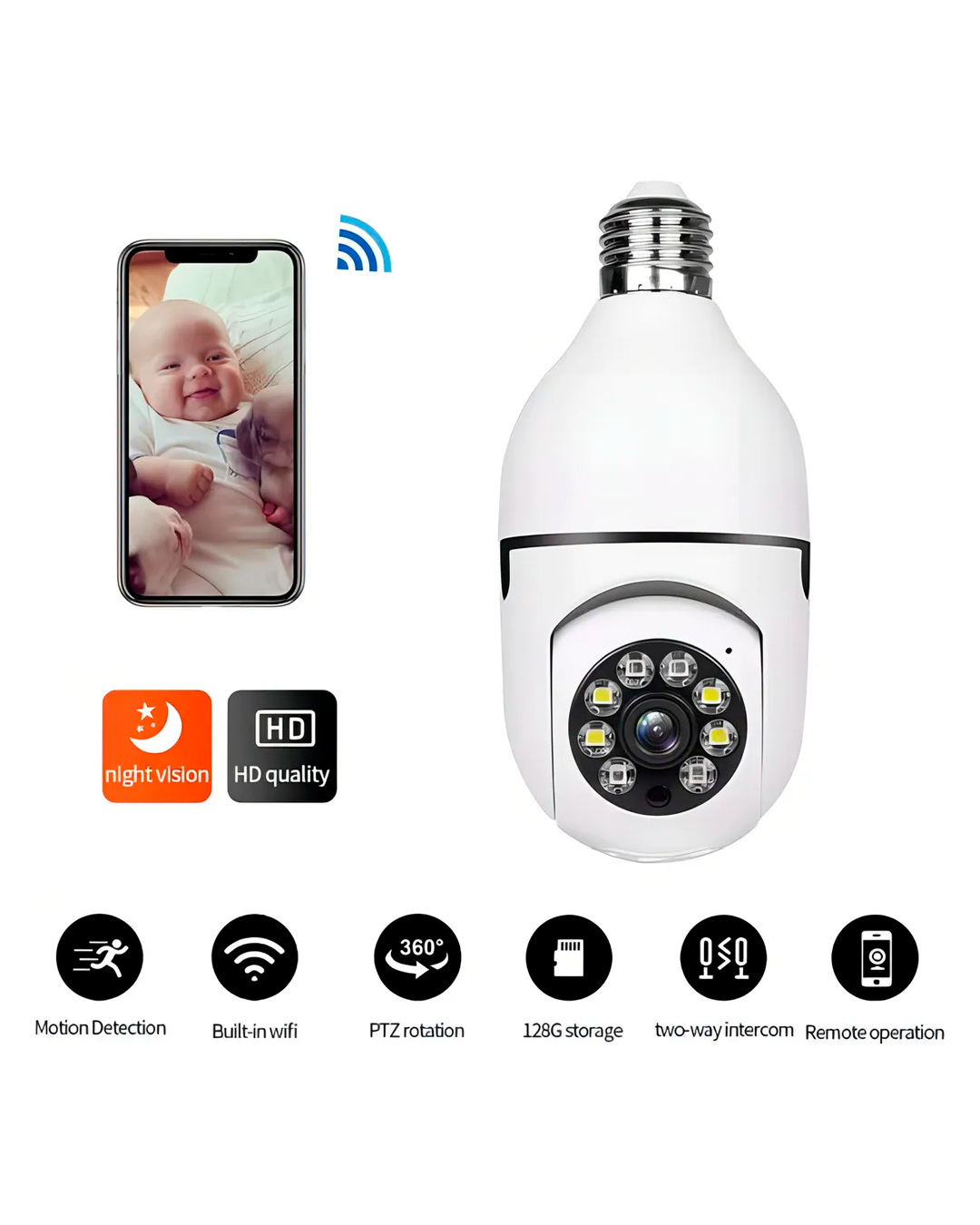 Cámara De Seguridad Tipo Bombillo 360 Visión Nocturna Inclui Blanco