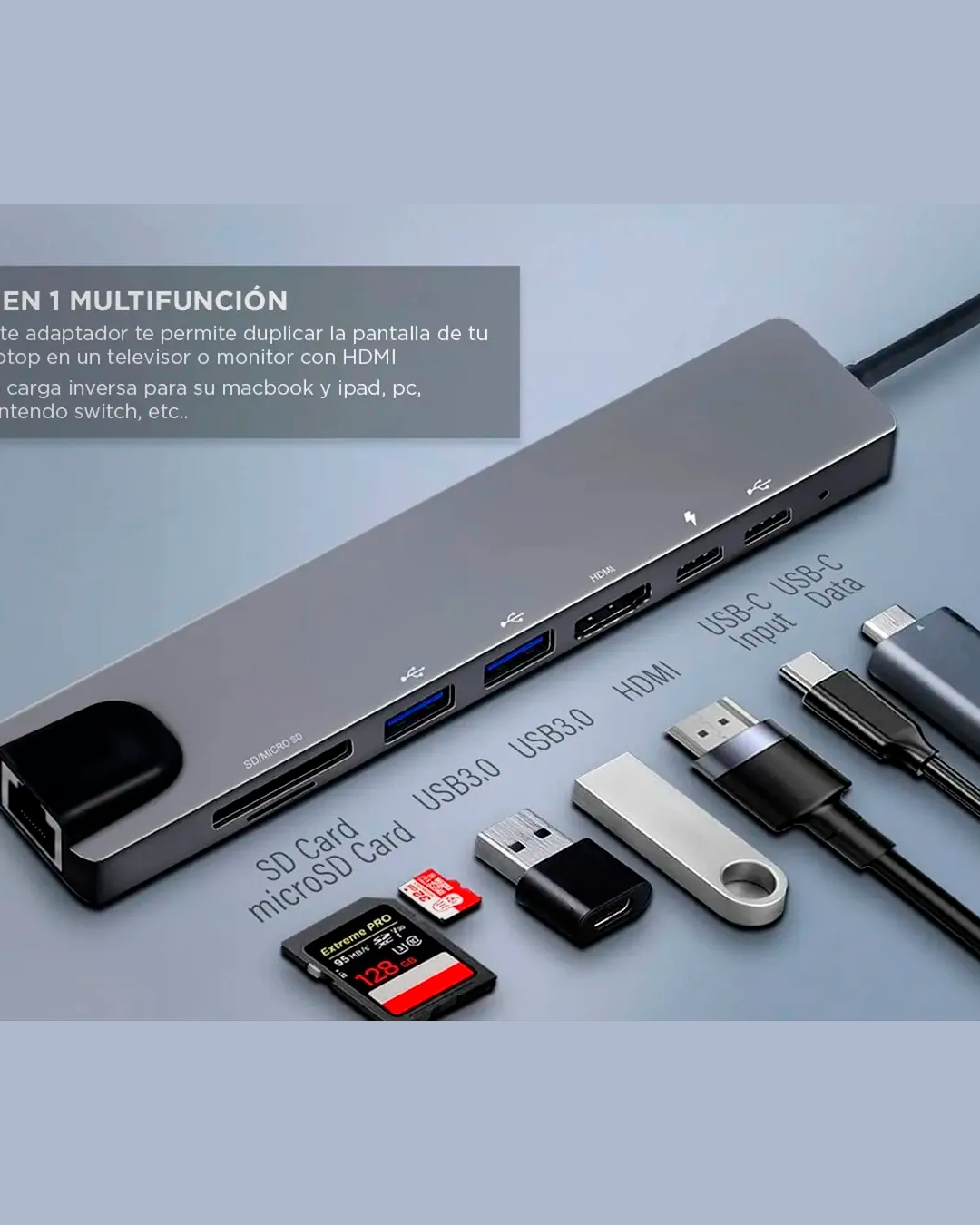 Adaptador Tipo C Con 8 Puertos / Tipo C Sd Micro Sd Usb Hdmi