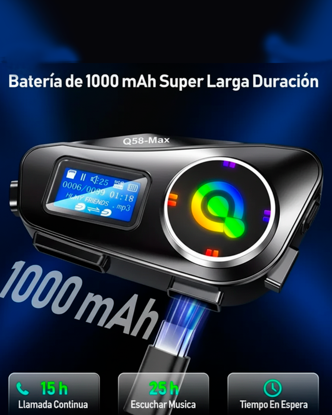 Intercomunicador Bluetooth QL3 Pro para Casco – Con Pantalla LCD, Micrófono y Luces LED RGB