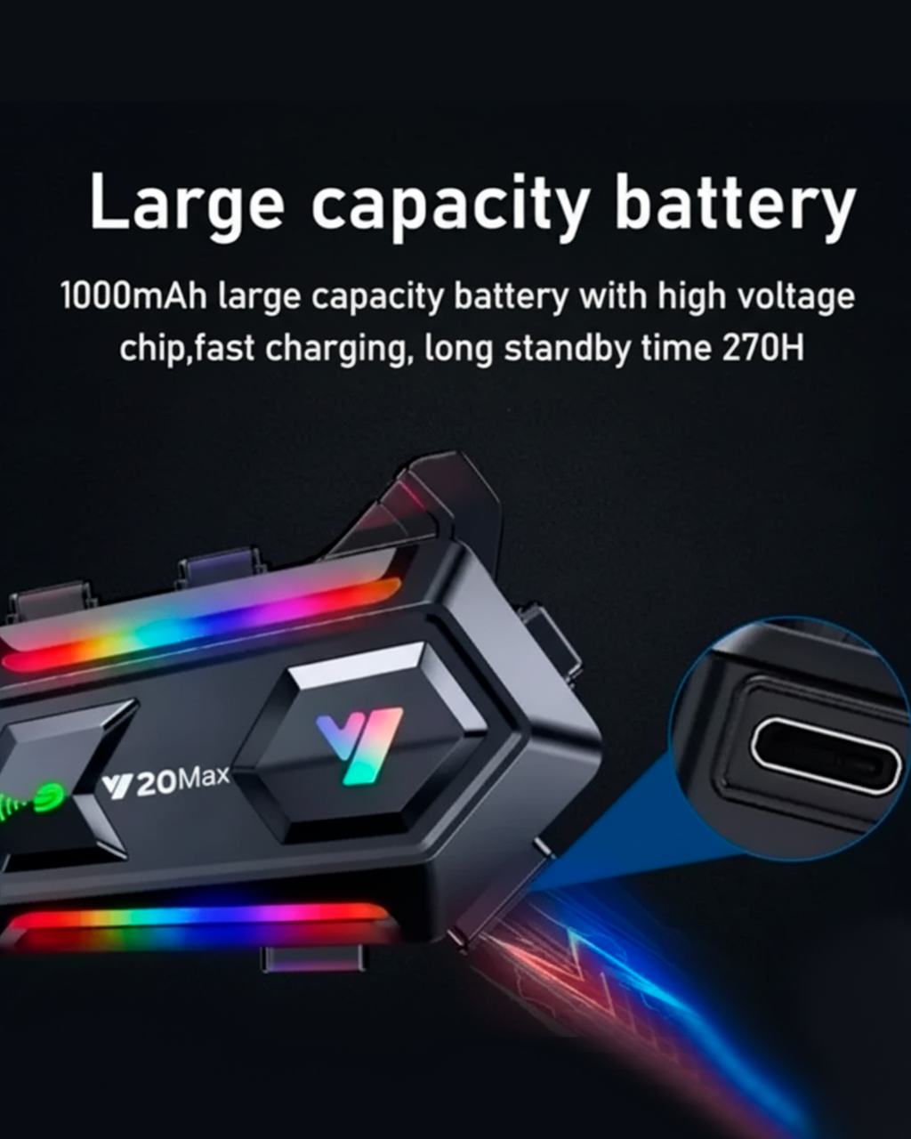 Intercomunicador Bluetooth Y20 Max para Casco – Con Luces LED RGB, Micrófono, Altavoces y Conexión Type-C