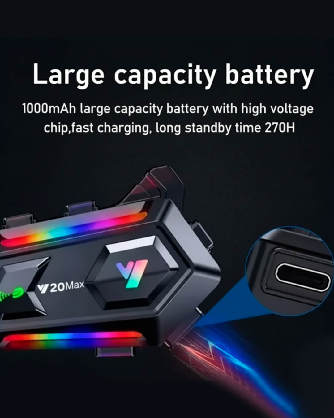 Intercomunicador Bluetooth Y20 Max para Casco – Con Luces LED RGB, Micrófono, Altavoces y Conexión Type-C