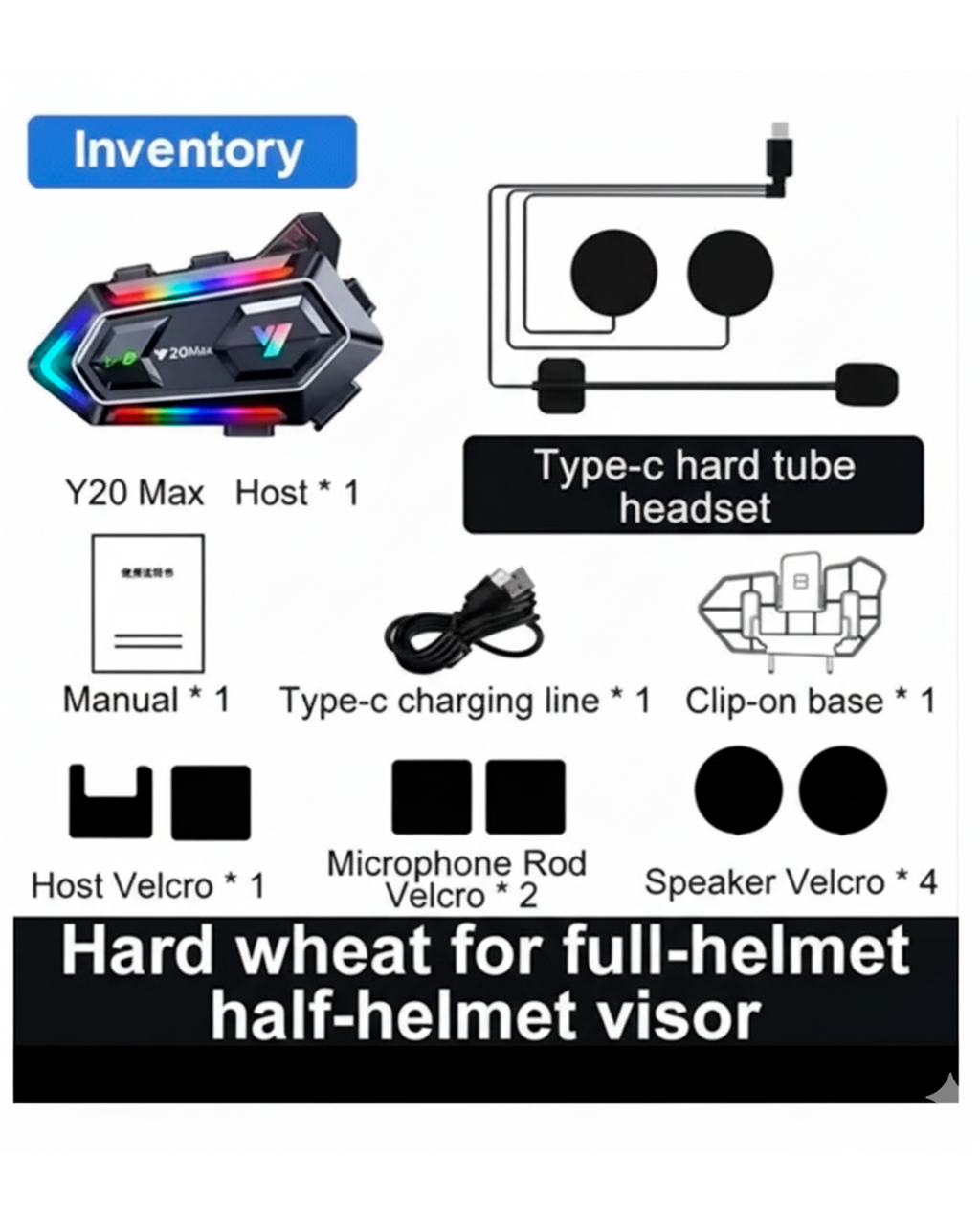 Intercomunicador Bluetooth Y20 Max para Casco – Con Luces LED RGB, Micrófono, Altavoces y Conexión Type-C