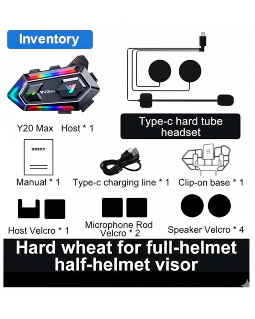 Intercomunicador Bluetooth Y20 Max para Casco – Con Luces LED RGB, Micrófono, Altavoces y Conexión Type-C