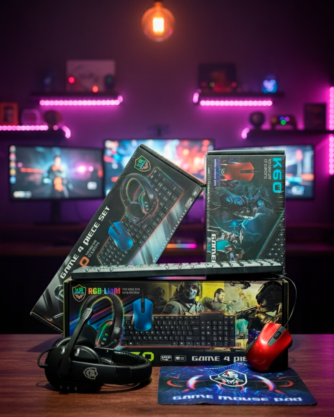 Kit Gamer 4 en 1 RGB – Teclado, Mouse, Audífonos y Mouse Pad k60